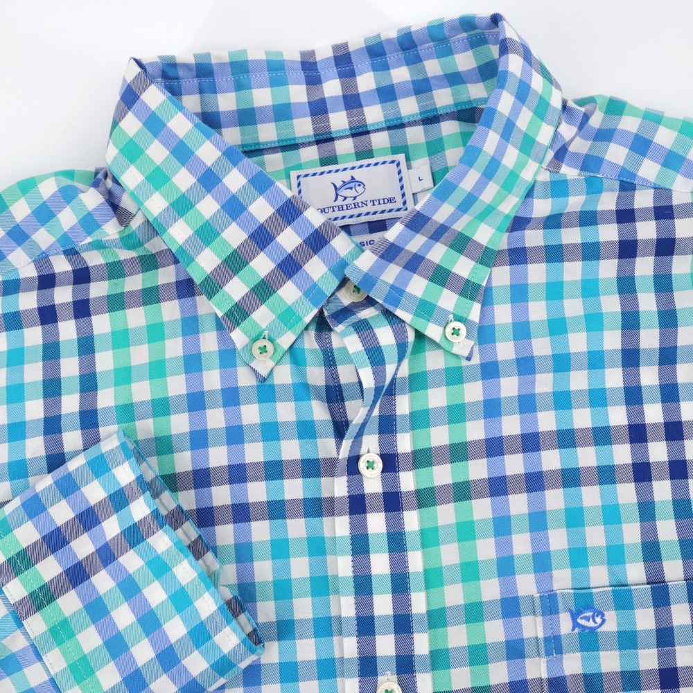 Southern Tide Gingham Shirt Blue Aqua Long Sleeve Classic Fit Mens Large
